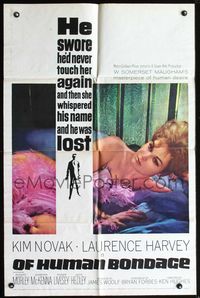 5d552 OF HUMAN BONDAGE 1sh '64 super sexy Kim Novak, masterpiece of human desire!