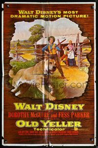 5d553 OLD YELLER 1sh '57 great artwork of Disney's most classic canine on the farm!