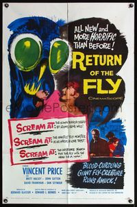 5d652 RETURN OF THE FLY 1sh '59 Vincent Price, cool insect monster art, more horrific than before!