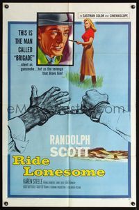 5d655 RIDE LONESOME 1sh '59 Randolph Scott, Budd Boetticher, Karen Steele w/gun!