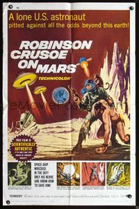 5d662 ROBINSON CRUSOE ON MARS 1sh '64 sci-fi art of Paul Mantee & his man Friday Victor Lundin!