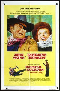 5d668 ROOSTER COGBURN int'l 1sh '75 great art of John Wayne with eyepatch & Katharine Hepburn!