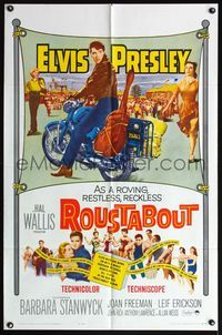 5d669 ROUSTABOUT 1sh '64 roving, restless, reckless Elvis Presley on motorcycle with guitar!