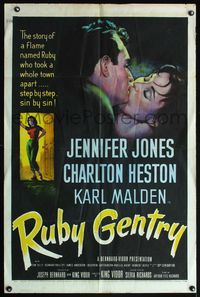 5d670 RUBY GENTRY 1sh '53 artwork of super sleazy bad girl Jennifer Jones standing in doorway!