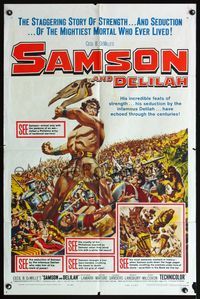 5d677 SAMSON & DELILAH 1sh R59 art of Victor Mature on the rampage, Cecil B. DeMille!