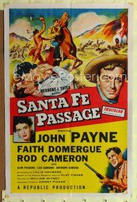 5d680 SANTA FE PASSAGE 1sh '55 romantic art of John Payne & Faith Domergue, Rod Cameron!