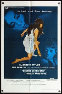 5d689 SECRET CEREMONY 1sh '68 Elizabeth Taylor, Mia Farrow, Robert Mitchum, Joseph Losey directed!