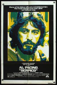 5d699 SERPICO 1sh '74 cool close up image of Al Pacino, Sidney Lumet crime classic!