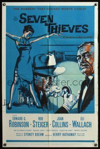 5d713 SEVEN THIEVES 1sh '59 cool art of Edward G. Robinson, Rod Steiger & sexy Joan Collins!