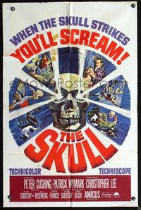 5d743 SKULL 1sh '65 Peter Cushing, Christopher Lee, cool horror artwork of creepy skull!