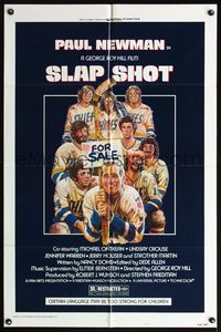 5d744 SLAP SHOT style A 1sh '77 hockey, great wacky art of Paul Newman & cast by Craig!