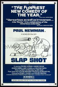 5d745 SLAP SHOT style B 1sh '77 Paul Newman, wacky art of hockey players by R.G.!