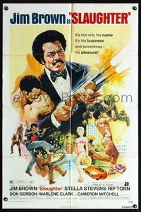 5d746 SLAUGHTER 1sh '72 AIP, G. Akimoto artwork of shotgun-blasting Jim Brown & sexy girl!