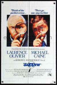 5d752 SLEUTH 1sh '72 close-ups of Laurence Olivier & Michael Caine with magnifying glasses!