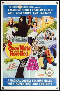 5d755 SNOW WHITE & ROSE RED/BIG BAD WOLF 1sh '66 magical double-feature, adventure & fantasy!