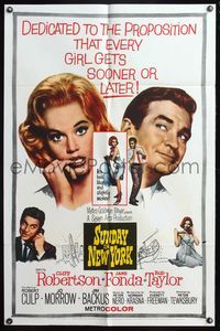 5d797 SUNDAY IN NEW YORK 1sh '64 art of Rod Taylor propositioning sexy Jane Fonda!