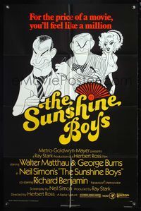 5d799 SUNSHINE BOYS 1sh '75 great Al Hirschfeld art of George Burns, Walter Matthau & Lee Meredith!