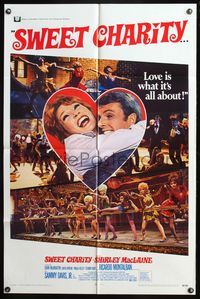 5d804 SWEET CHARITY 1sh '69 Bob Fosse musical starring Shirley MacLaine, it's all about love!