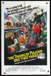 5d815 TAKING OF PELHAM ONE TWO THREE 1sh '74 cool subway train hijack art by Mort Kunstler!