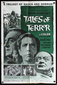 5d816 TALES OF TERROR 1sh '62 great close up images of Peter Lorre, Vincent Price & Basil Rathbone!