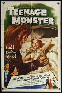 5d824 TEENAGE MONSTER 1sh '57 great art of wacky beast attacking sexy Anne Gwynne in bed!