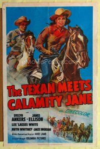 5d830 TEXAN MEETS CALAMITY JANE 1sh '50 art of cowgirl Evelyn Ankers & James Ellison on horseback!