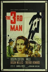 5d850 THIRD MAN 1sh R54 art of Orson Welles, plus Joseph Cotten & Alida Valli, classic film noir!