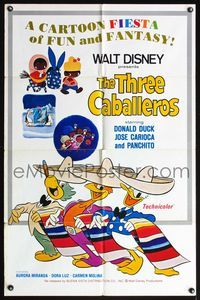 5d854 THREE CABALLEROS 1sh R77 great artwork of Donald Duck, Panchito & Joe Carioca!