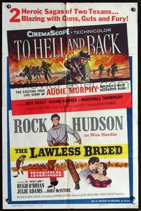 5d867 TO HELL & BACK/LAWLESS BREED 1sh '60 heroic sagas of Texans Audie Murphy & Rock Hudson!