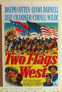 5d886 TWO FLAGS WEST 1sh '50 cool Civil War art, plus Joseph Cotten, Linda Darnell & Cornel Wilde!