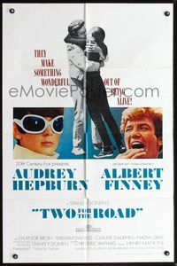 5d887 TWO FOR THE ROAD 1sh '67 Audrey Hepburn & Albert Finney embrace, directed by Stanley Donen!