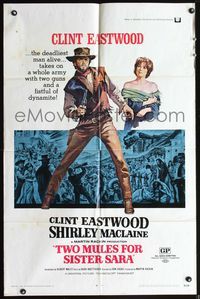 5d890 TWO MULES FOR SISTER SARA 1sh '70 cool art of gunslinger Clint Eastwood & Shirley MacLaine!