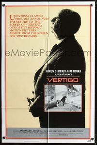 5d907 VERTIGO 1sh R83 classic profile of Alfred Hitchcock, Jimmy Stewart, Kim Novak!