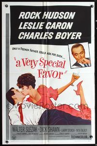 5d909 VERY SPECIAL FAVOR 1sh '65 Rock Hudson kisses sexy Leslie Caron, Charles Boyer!