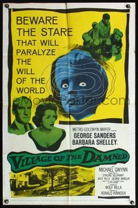 5d911 VILLAGE OF THE DAMNED 1sh '60 George Sanders won't leave those strange little kids alone!