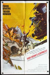 5d916 VON RYAN'S EXPRESS yellow style 1sh '65 art of Frank Sinatra chasing train while under fire!