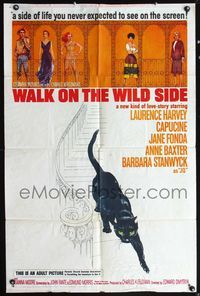 5d919 WALK ON THE WILD SIDE 1sh '62 artwork of black cat on stairs & sexy stars on balcony!