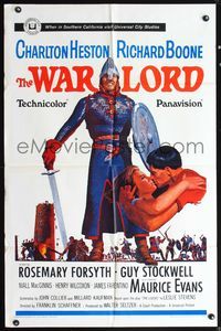 5d921 WAR LORD 1sh '65 Howard Terpning art of Charlton Heston all decked out in armor with sword!