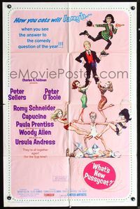 5d930 WHAT'S NEW PUSSYCAT style B 1sh '65 Frank Frazetta art of Woody Allen, O'Toole & sexy babes!