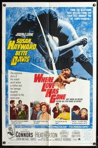 5d934 WHERE LOVE HAS GONE 1sh '64 Susan Hayward, Bette Davis, trashy Harold Robbins!