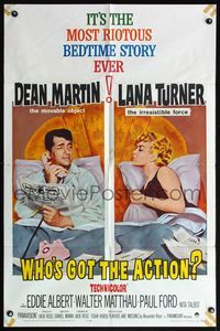 5d943 WHO'S GOT THE ACTION 1sh '62 Dean Martin, irresistible Lana Turner, Walter Matthau