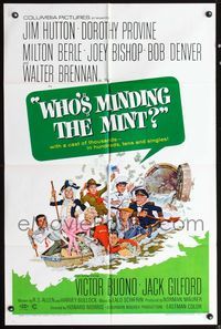 5d944 WHO'S MINDING THE MINT 1sh '67 great wacky Jack Rickard bank robbery art, Bob Denver!