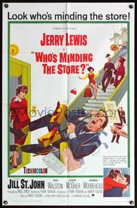 5d945 WHO'S MINDING THE STORE 1sh '63 Jerry Lewis is the unhandiest handyman, Jill St. John