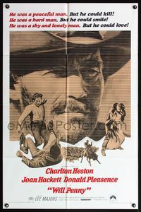 5d954 WILL PENNY 1sh '68 close up of cowboy Charlton Heston, Joan Hackett, Donald Pleasance