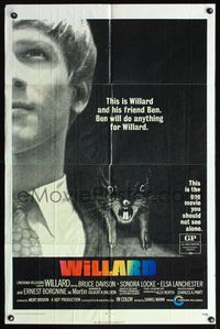 5d955 WILLARD 1sh '71 creepy close up of Bruce Davison with pet rat on shoulder!