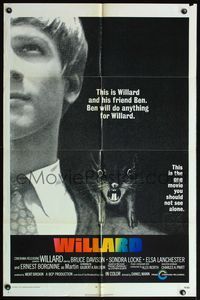 5d956 WILLARD int'l 1sh '71 creepy close up of Bruce Davison with pet rat on shoulder!