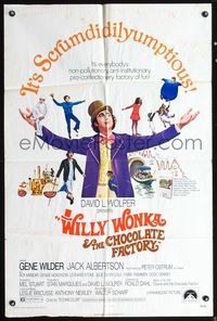 5d957 WILLY WONKA & THE CHOCOLATE FACTORY 1sh '71 Gene Wilder as Wonka, it's scrumdidilyumptious!