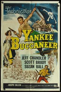 5d977 YANKEE BUCCANEER style A 1sh '52 art of barechested pirate Jeff Chandler swinging on rope!