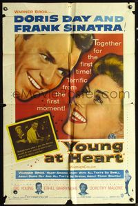 5d984 YOUNG AT HEART 1sh '54 great close up image of Doris Day & Frank Sinatra!