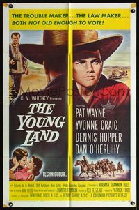 5d990 YOUNG LAND 1sh '58 Patrick Wayne, Yvonne Craig, Dennis Hopper, western cowboy art!